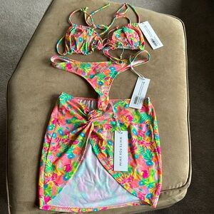 Three piece White Fox bikini and skirt